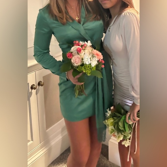 green silk wrap dress perfect for homecoming - Picture 3 of 3